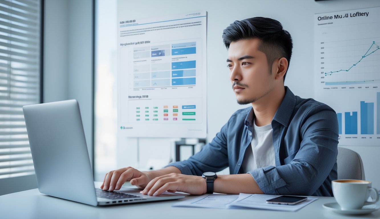 Seorang pria muda duduk di meja dengan laptop terbuka, fokus menganalisis data dan strategi permainan online di ruangan kantor rumah yang rapi dan terang.