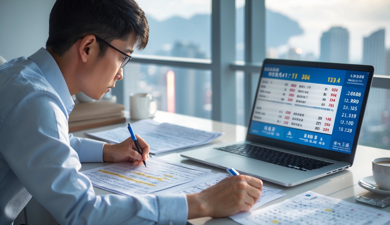 Seseorang sedang menganalisis hasil togel Macau di meja kerja dengan laptop dan dokumen statistik.