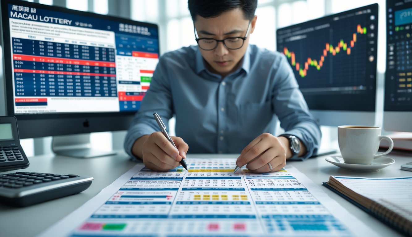 Seorang individu sedang menganalisis hasil keluaran togel Macau dengan layar komputer dan catatan di meja kerja.