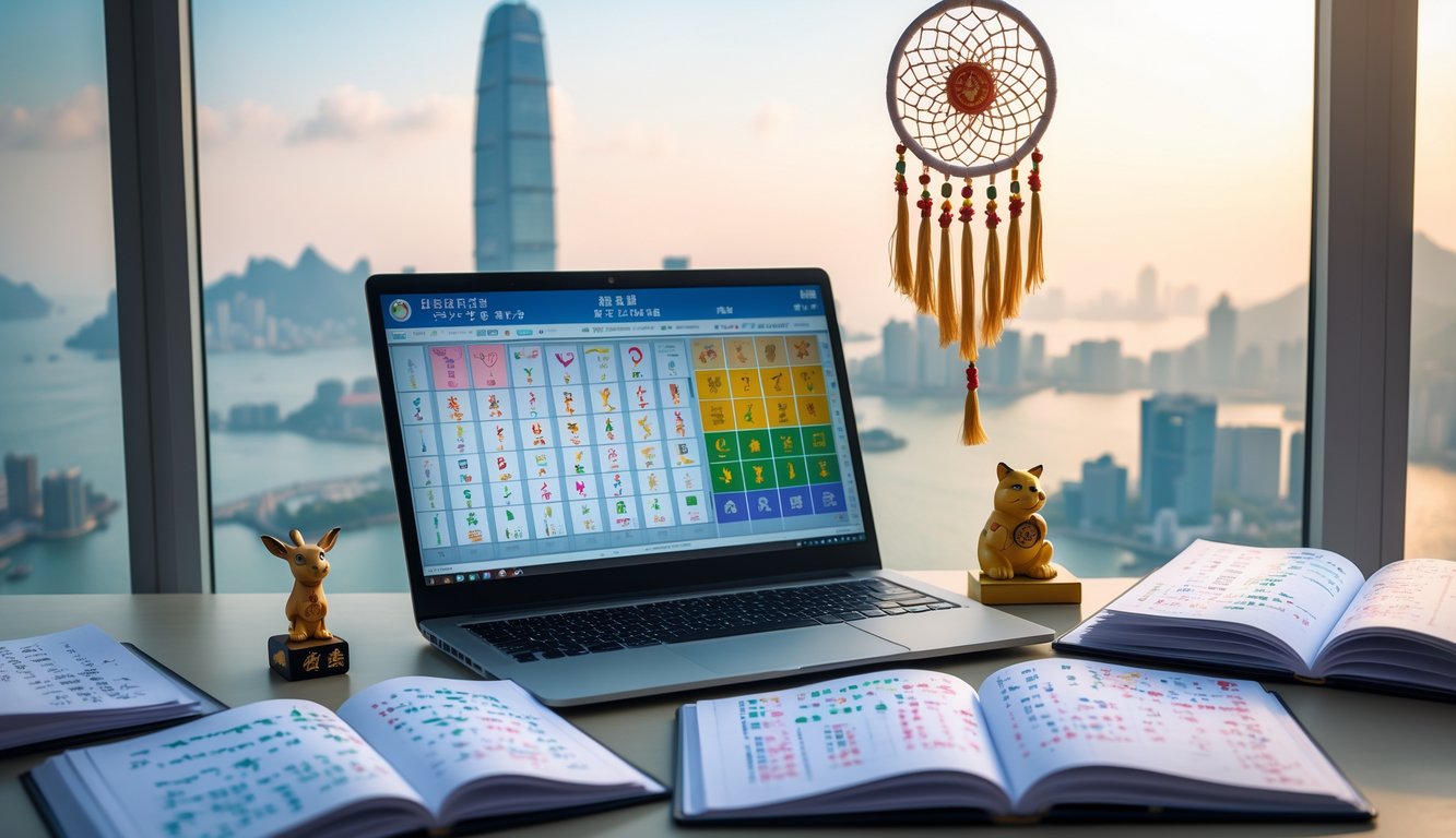 Meja kerja dengan laptop, buku terbuka berisi simbol shio dan tafsir mimpi, dengan latar belakang pemandangan kota Macau.
