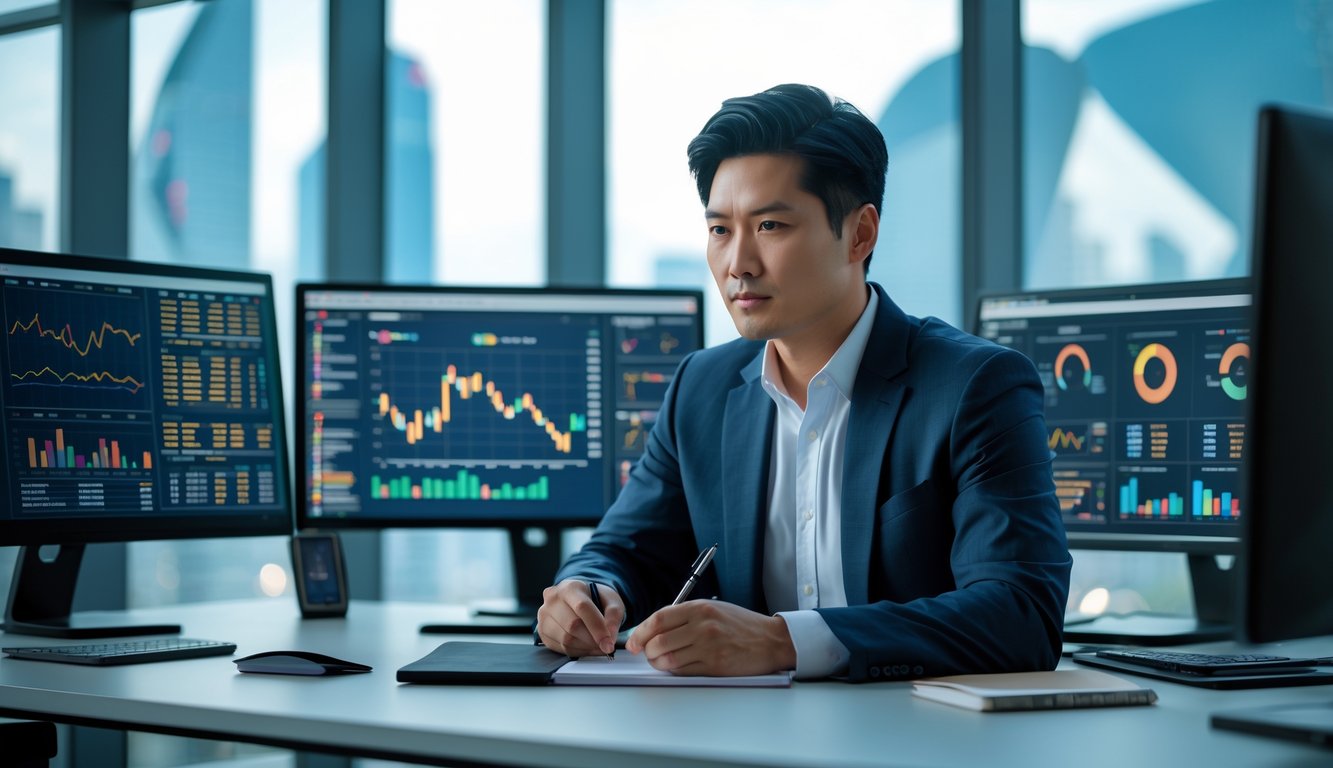 Seorang pria Asia duduk di meja kantor modern dengan beberapa layar komputer yang menampilkan grafik dan data, terlihat fokus menganalisis informasi dengan pemandangan kota Macau di latar belakang.