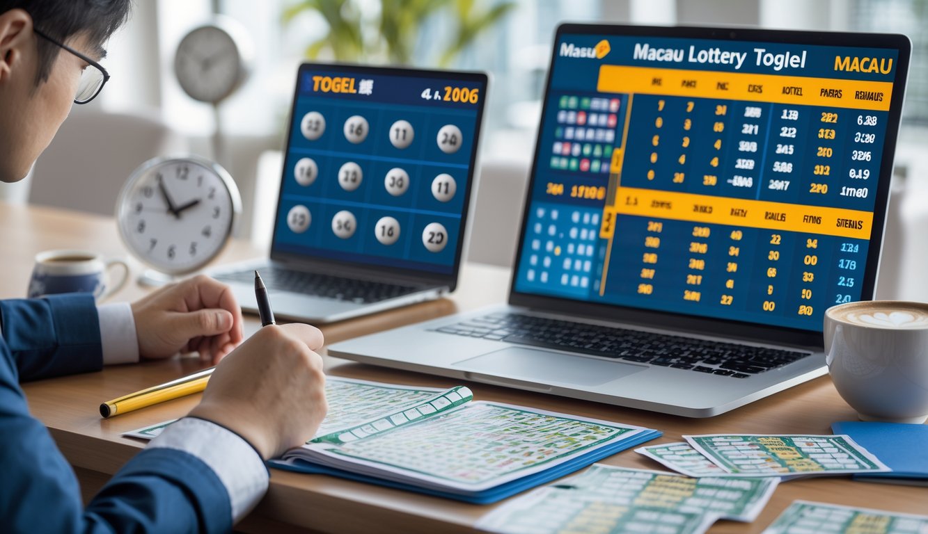 Seorang pria sedang menganalisis data pada laptop di meja permainan dengan tiket togel dan bola bernomor, menunjukkan suasana fokus dan strategis.