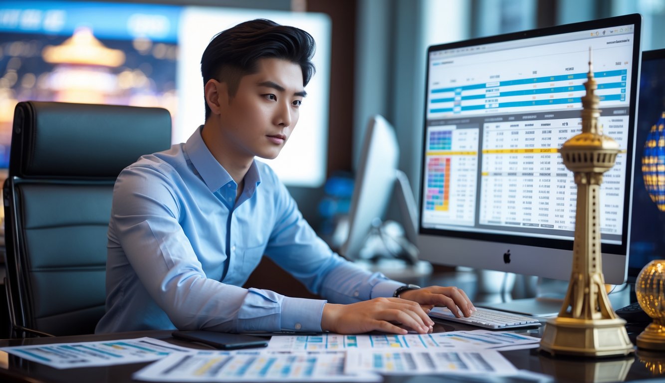 Seorang pria muda Asia duduk di meja kantor modern sambil menganalisis grafik dan angka dengan latar belakang dekorasi yang menunjukkan suasana Macau.