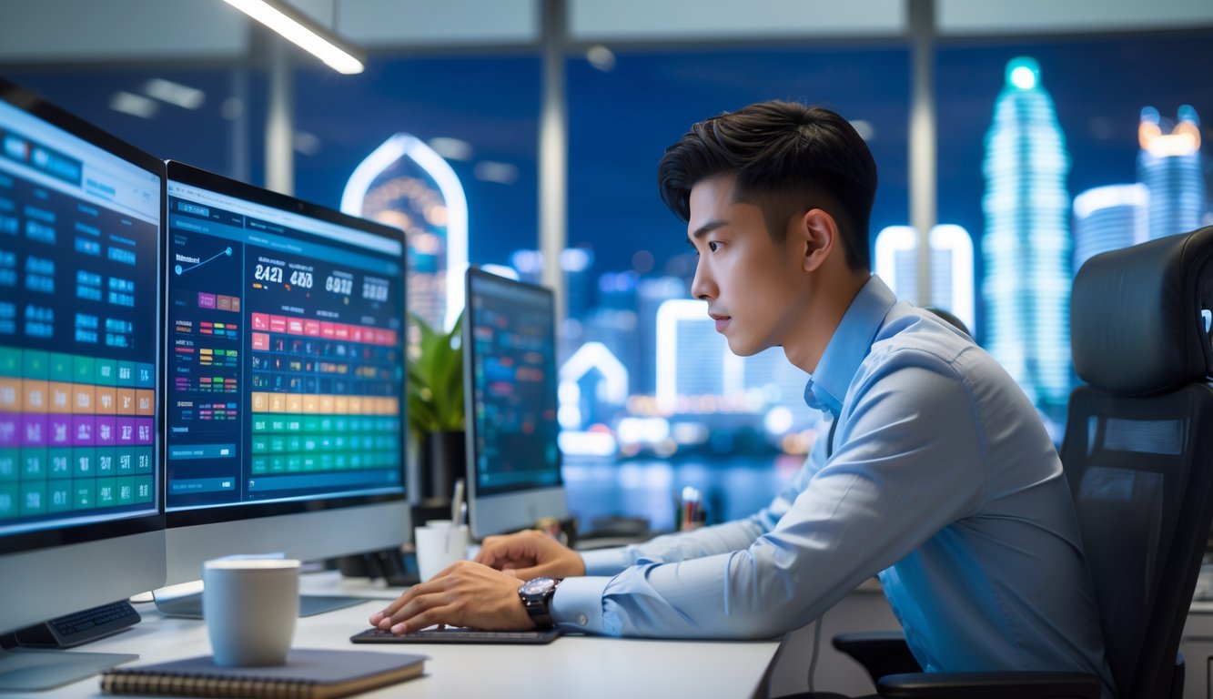 Seorang pria muda fokus duduk di meja kerja dengan beberapa monitor komputer yang menampilkan data dan grafik, latar belakang kota Macau dengan menara dan gedung kasino terlihat samar.