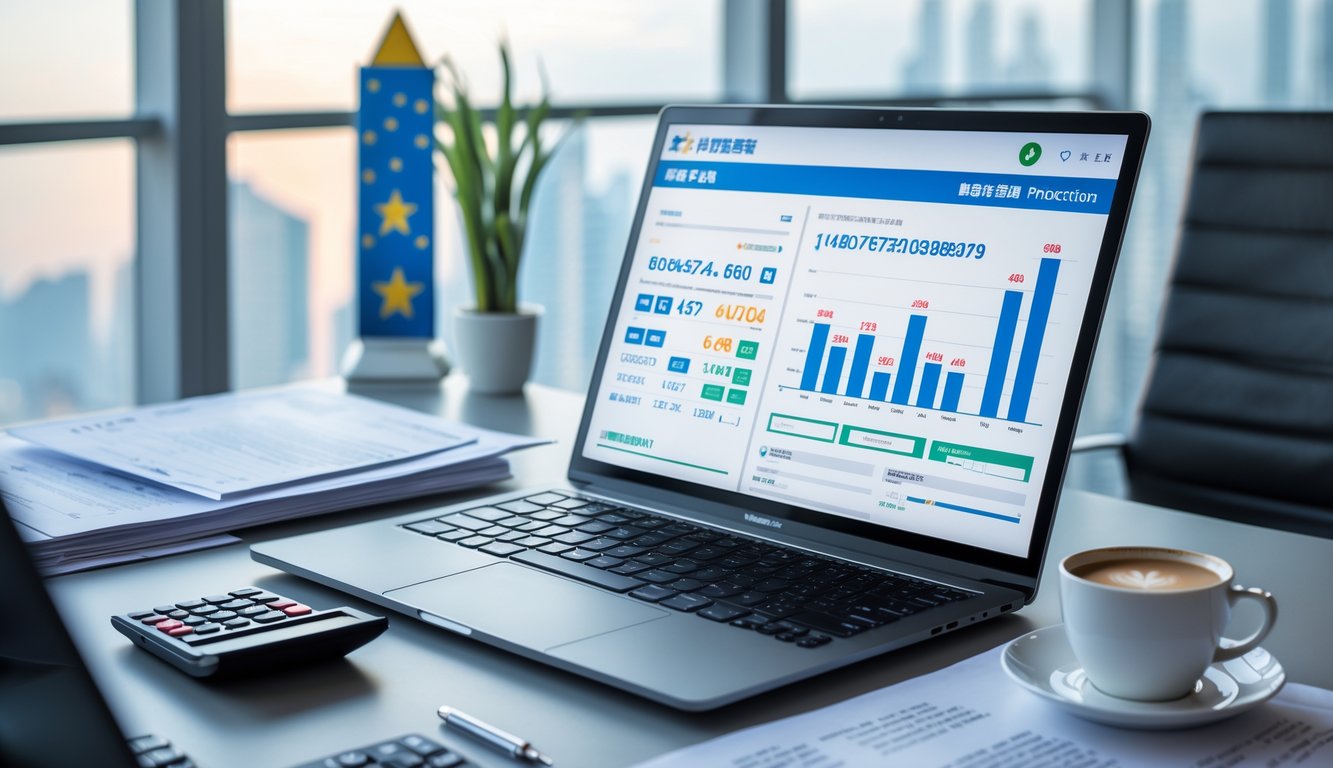 Sebuah ruang kerja modern dengan laptop yang menampilkan grafik statistik dan alat tulis di meja, menunjukkan aktivitas analisis data.