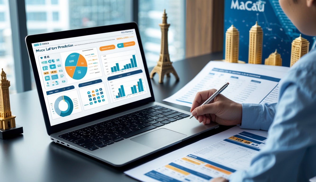 Seorang pria sedang menganalisis data statistik togel di sebuah meja kerja dengan laptop dan laporan cetak, di latar belakang terdapat model kecil Menara Macau.