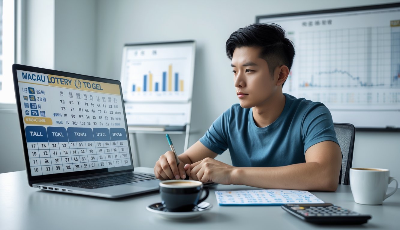 Seorang pria muda duduk di meja modern sambil mempelajari tiket lotere dan grafik terkait Togel Macau dengan laptop dan catatan di sekitarnya.