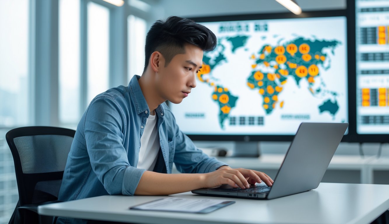 Seorang pria muda duduk di meja dengan laptop, fokus menganalisis angka dan grafik terkait permainan togel Macau di ruangan kantor yang terang.