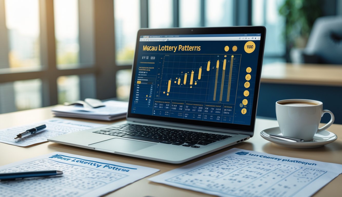 Meja kerja dengan laptop yang menampilkan grafik dan angka pola togel Macau, kertas dengan data, pena, dan secangkir kopi.