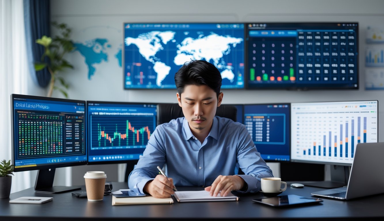 Seorang pria muda sedang duduk di meja kerja dengan beberapa layar komputer yang menampilkan grafik dan data, fokus menganalisis strategi bermain togel online.