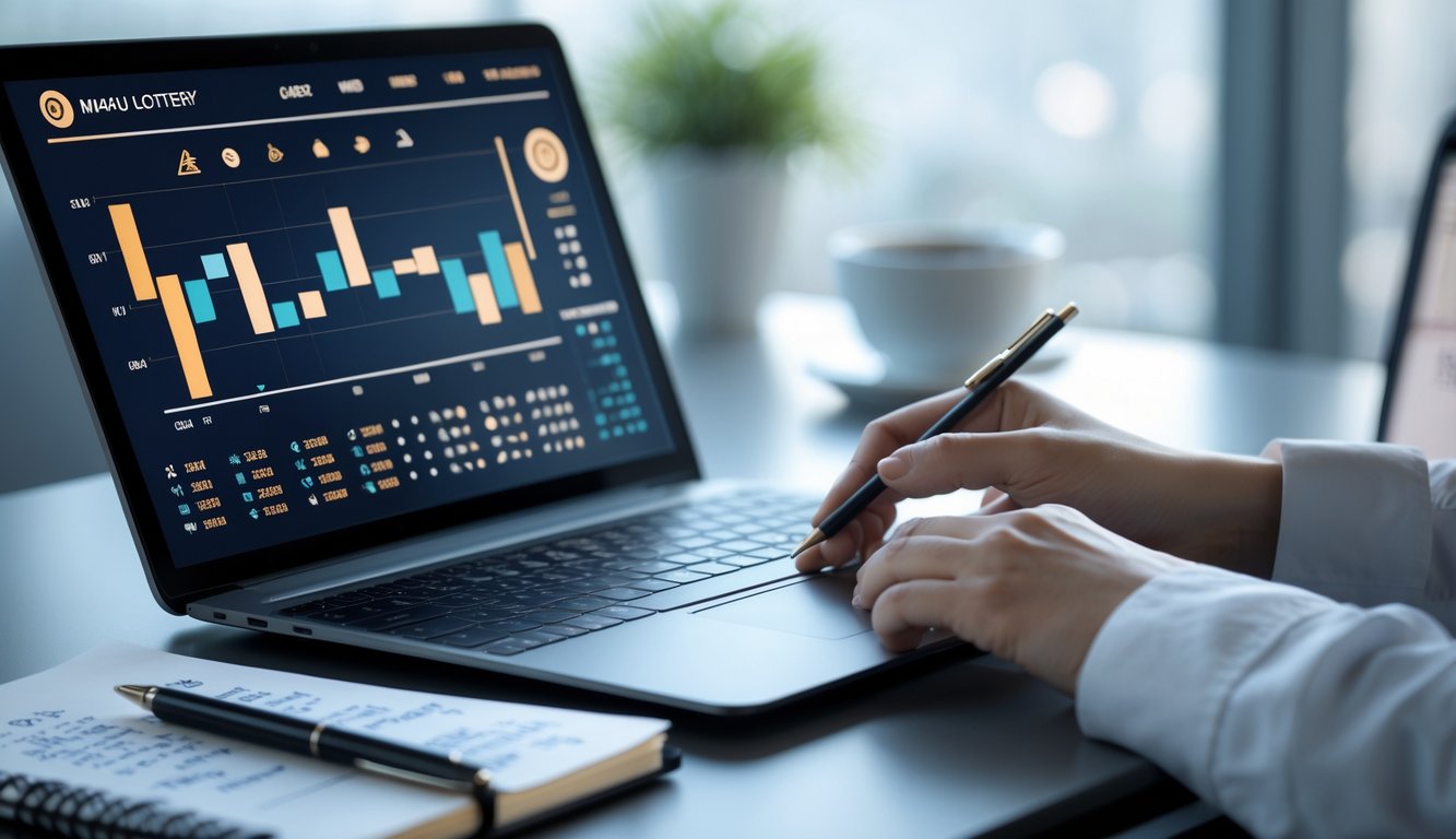 Meja kerja dengan laptop yang menampilkan grafik dan angka, tangan seseorang sedang menggunakan laptop dan memegang pena, suasana fokus dan profesional.