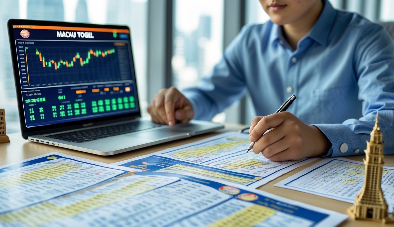 Seseorang sedang menganalisis hasil togel Macau di meja kerja dengan laptop dan kertas data.
