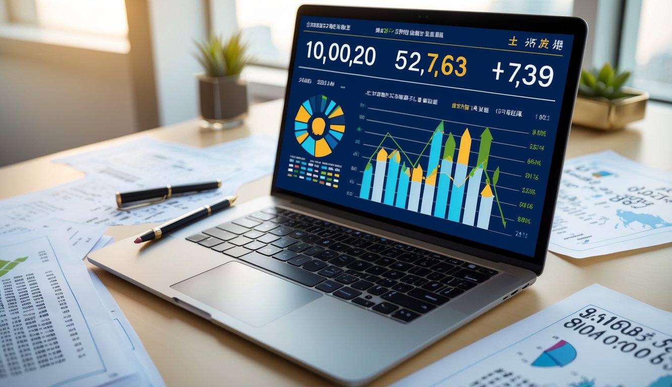 Meja kerja modern dengan laptop yang menampilkan grafik dan data angka, serta kertas dan pena di sekitarnya, menggambarkan analisis data keluaran togel Macau.