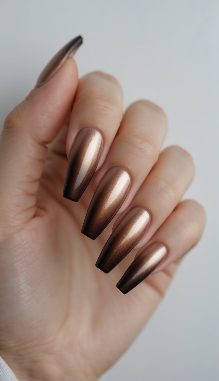 Close-up of one hand with coffin-shaped nails featuring a bronze ombré fade on a white background.