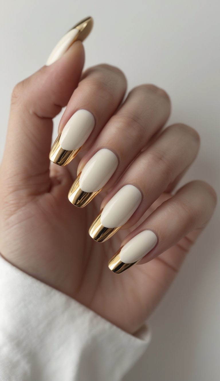 Close-up of a hand with ivory nails featuring gold chrome tips against a white background.