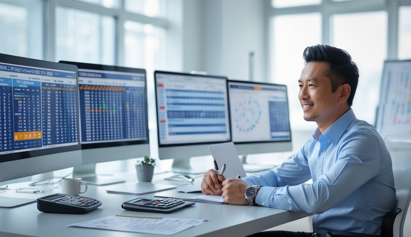 Seorang pria Asia duduk di meja kantor modern sambil menganalisis data pada beberapa layar komputer dengan suasana yang terang dan teratur.