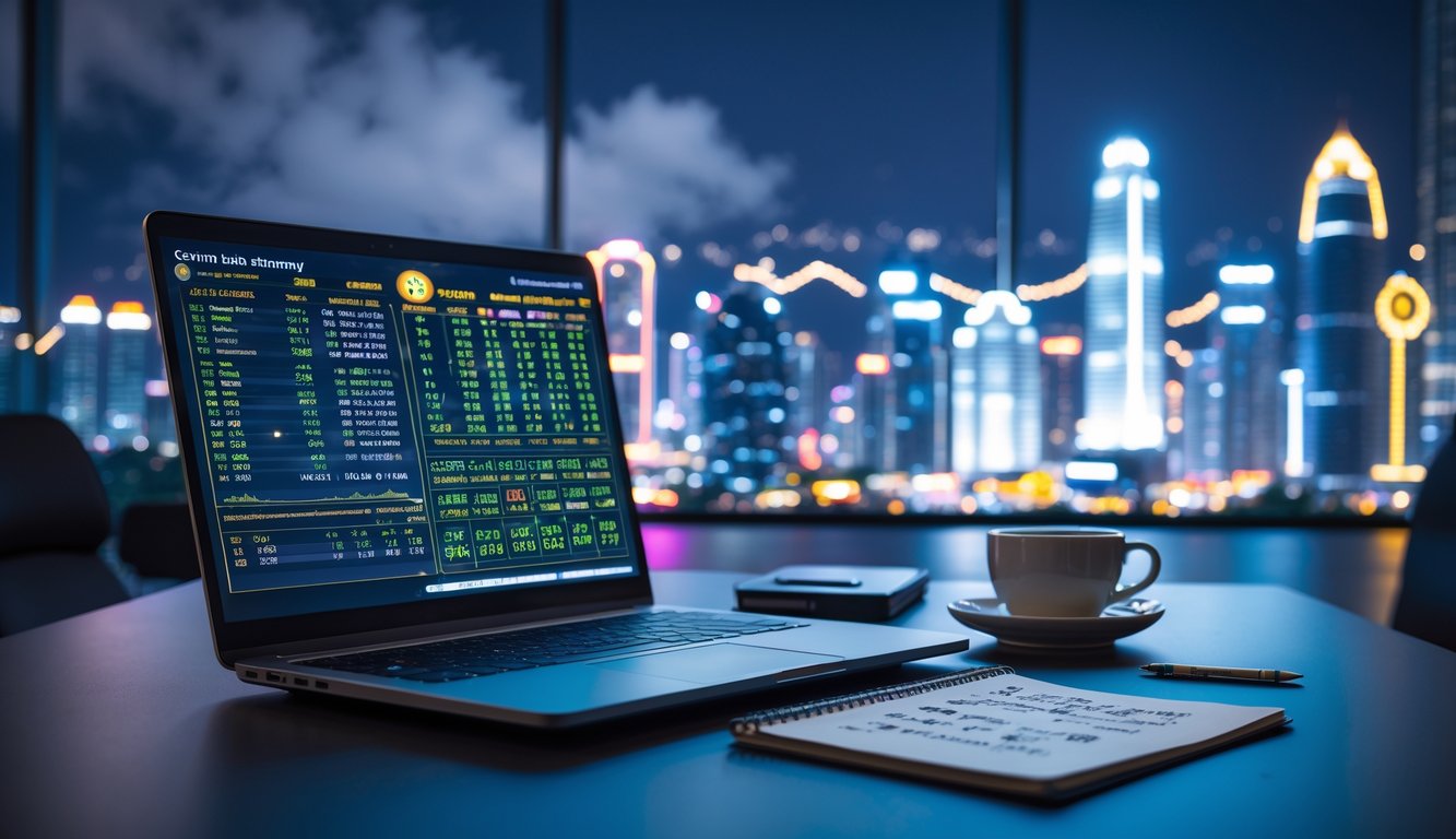 Seorang pria sedang fokus bekerja di depan laptop dengan catatan dan kopi di meja, latar belakang menampilkan pemandangan kota Macau di malam hari.