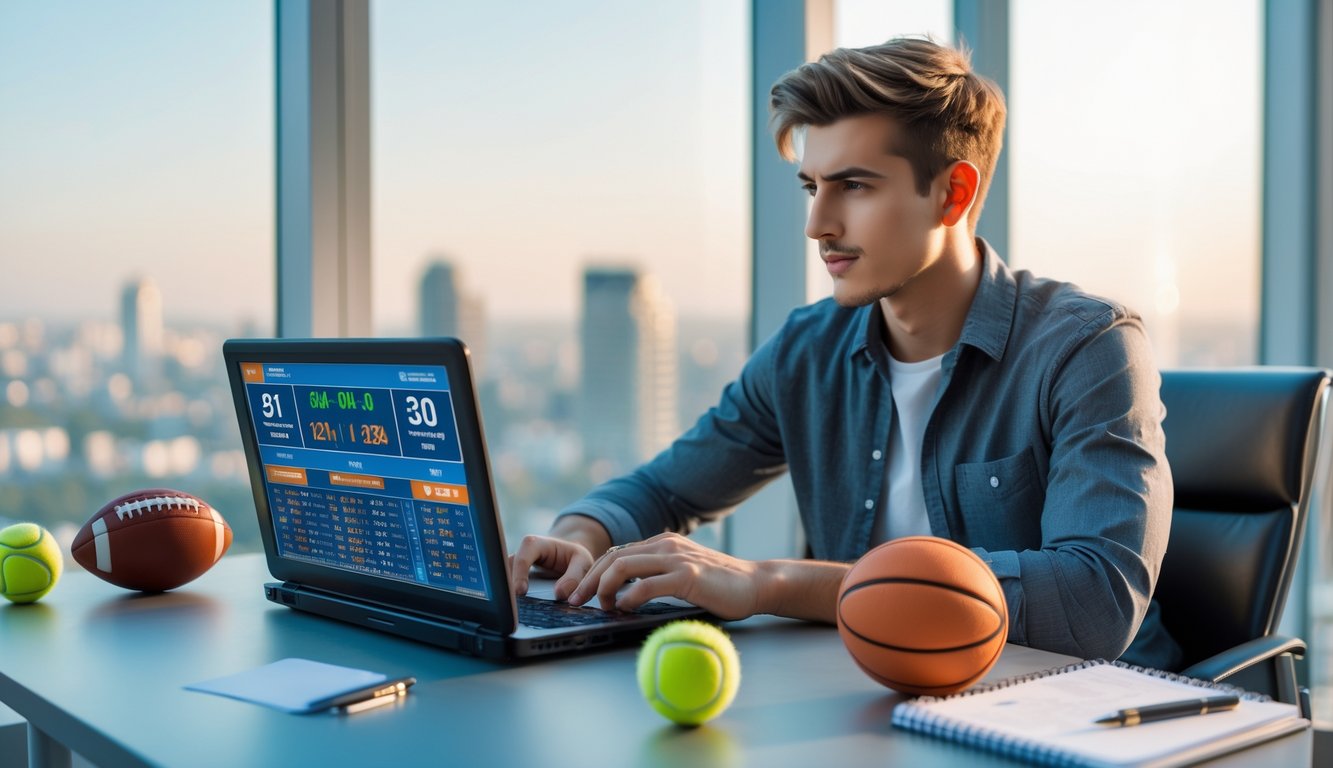 Seorang pria muda duduk di meja dengan laptop dan bola olahraga, tampak fokus dan sedang merencanakan strategi taruhan olahraga.
