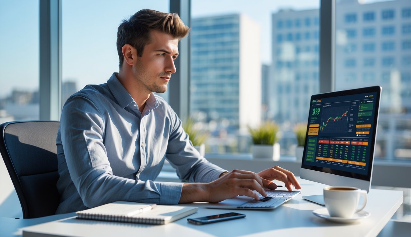 Seorang pria muda duduk di meja dengan laptop, memeriksa data olahraga dan tampak fokus serta berpikir.