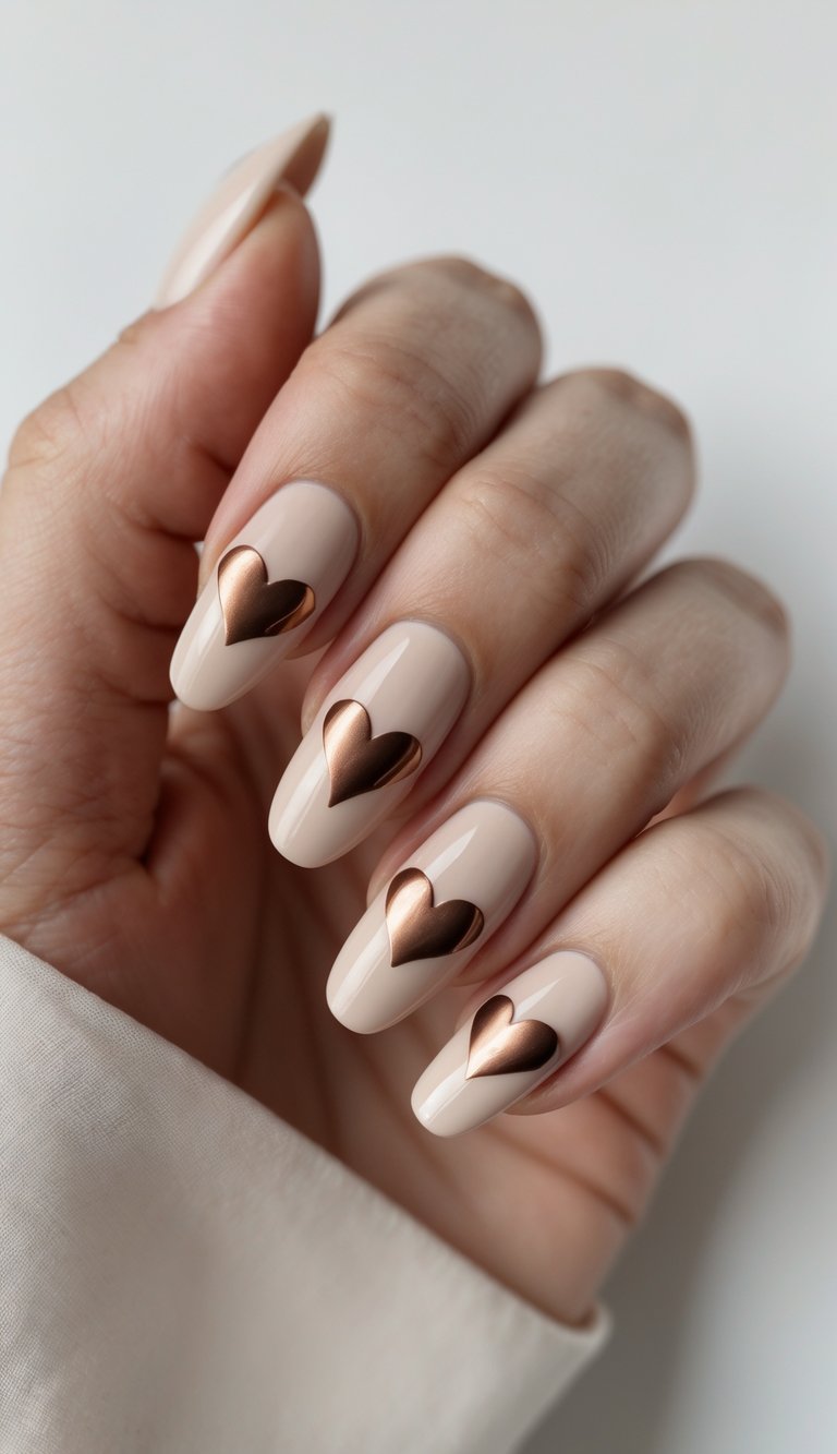 Close-up of one hand with nude nails decorated with bronze heart designs against a white background.