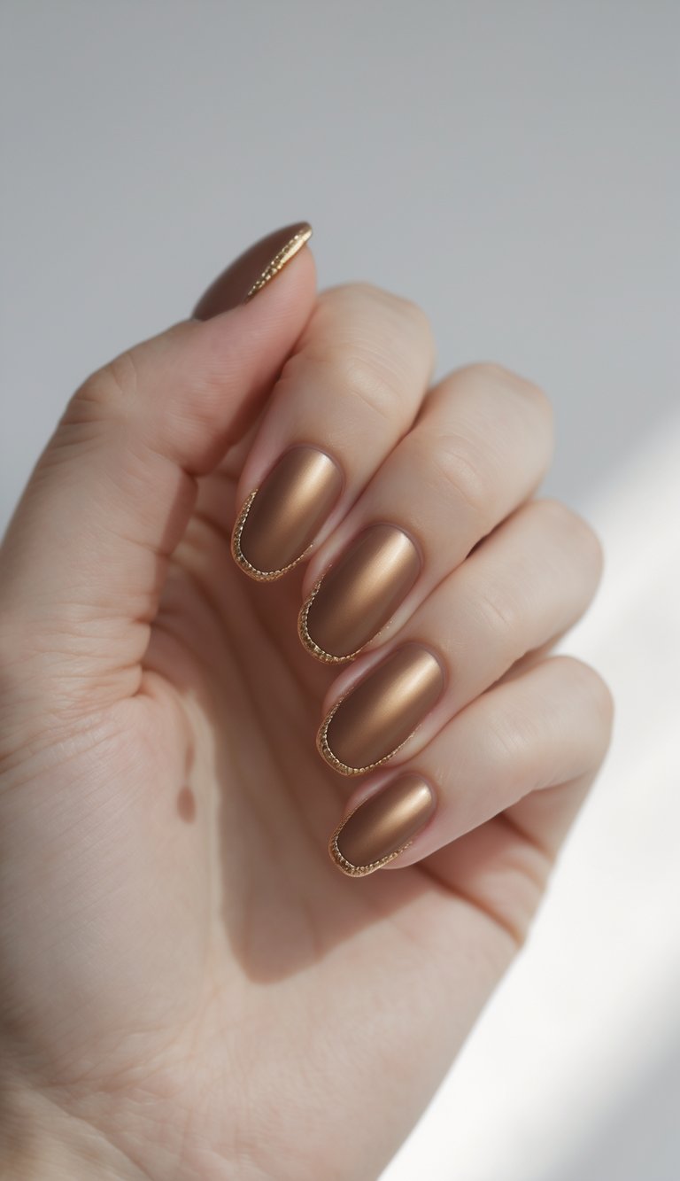 Close-up of one hand with short bronze nails outlined in gold on a white background.