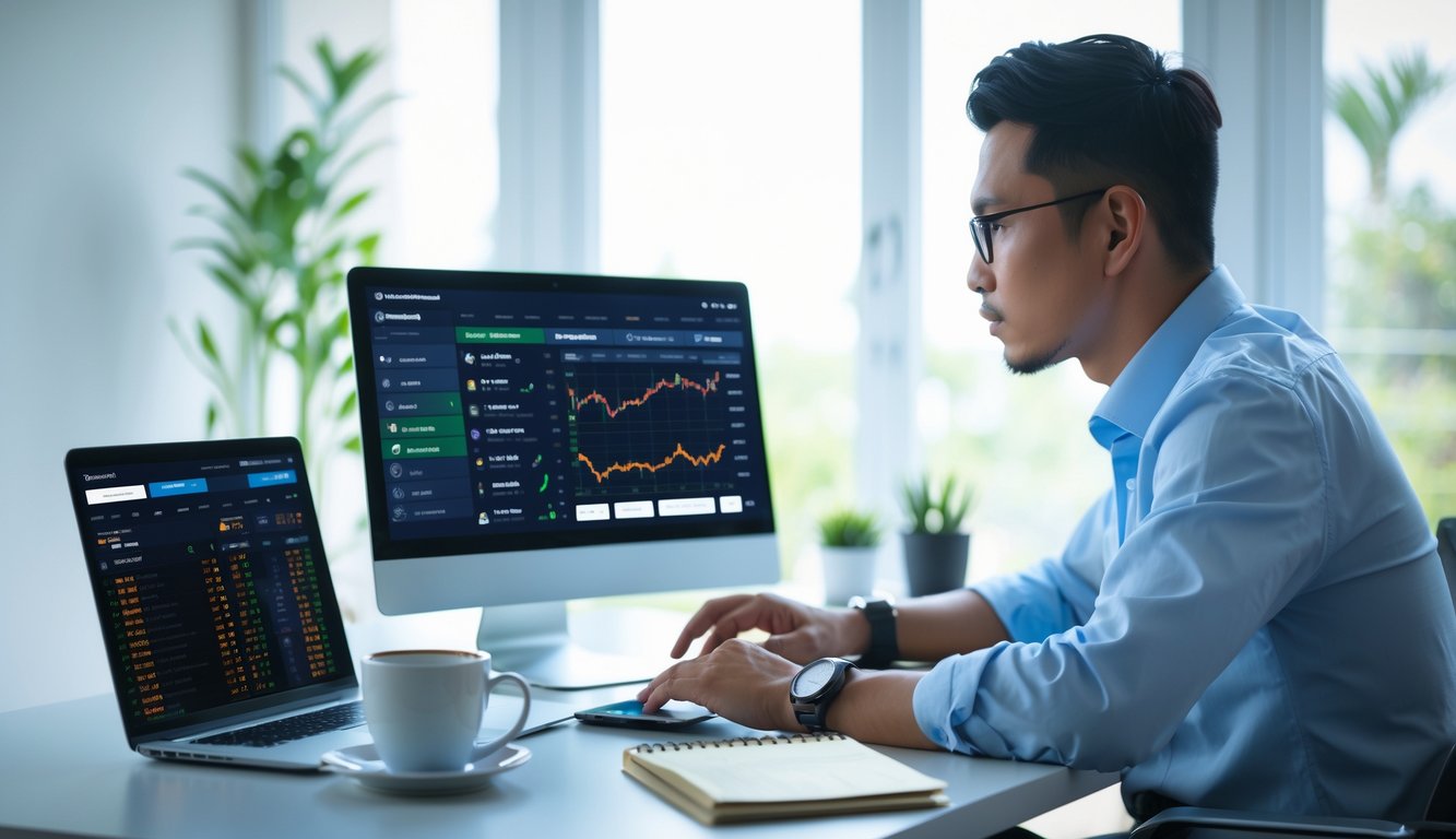 Seorang pria Indonesia duduk di meja kerja dengan laptop dan ponsel yang menampilkan data taruhan olahraga, terlihat fokus dan serius di ruang kerja yang terang dan rapi.
