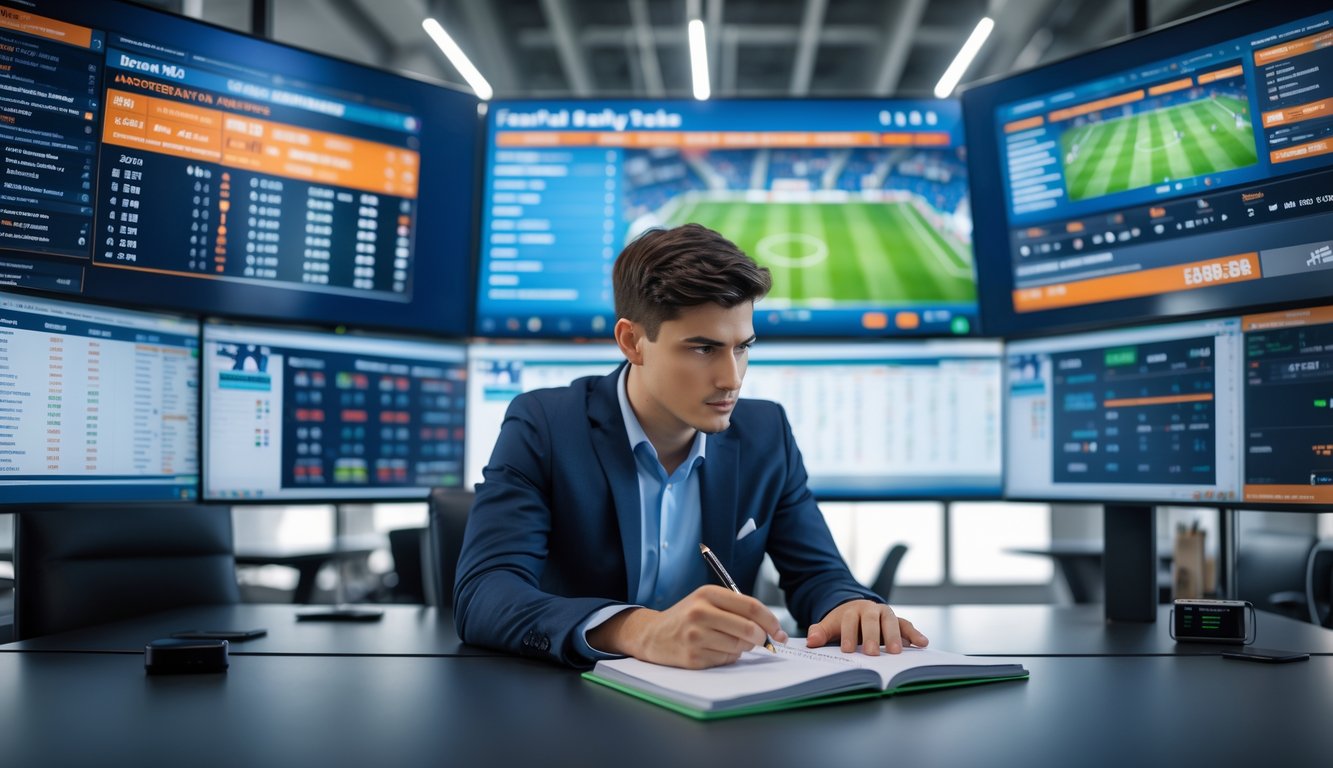 Seorang analis olahraga sedang fokus bekerja di depan beberapa layar yang menampilkan statistik dan data pertandingan sepak bola dalam sebuah kantor modern.