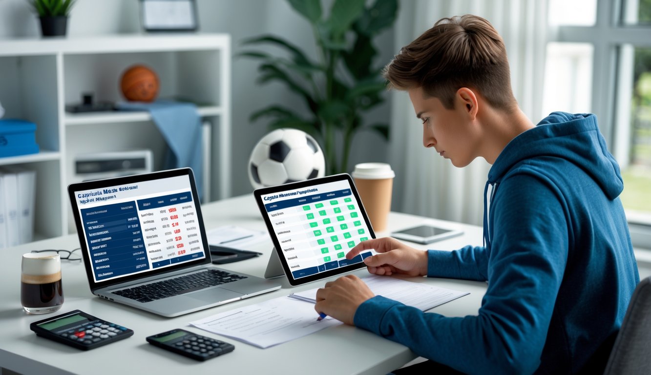 Seseorang sedang menganalisis data taruhan olahraga di depan laptop dan tablet di sebuah meja kerja dengan alat tulis dan kalkulator.