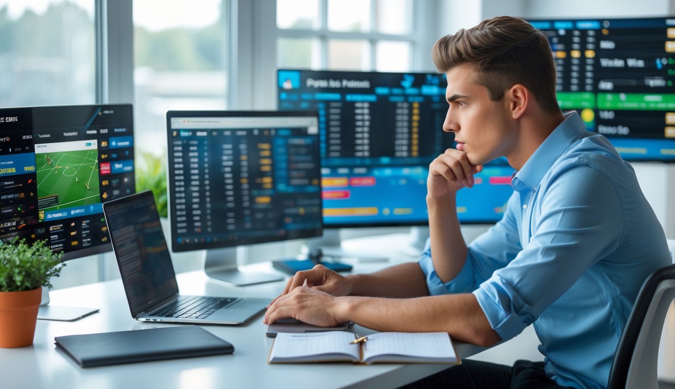 Seorang pria muda serius duduk di meja dengan beberapa layar menampilkan pertandingan olahraga dan peluang taruhan, sedang menganalisis data dengan laptop dan buku catatan di kantor yang terang dan rapi.