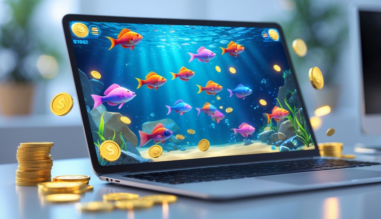 Seseorang bermain permainan tembak ikan di perangkat digital dengan animasi ikan berwarna-warni dan efek cahaya yang menarik.
