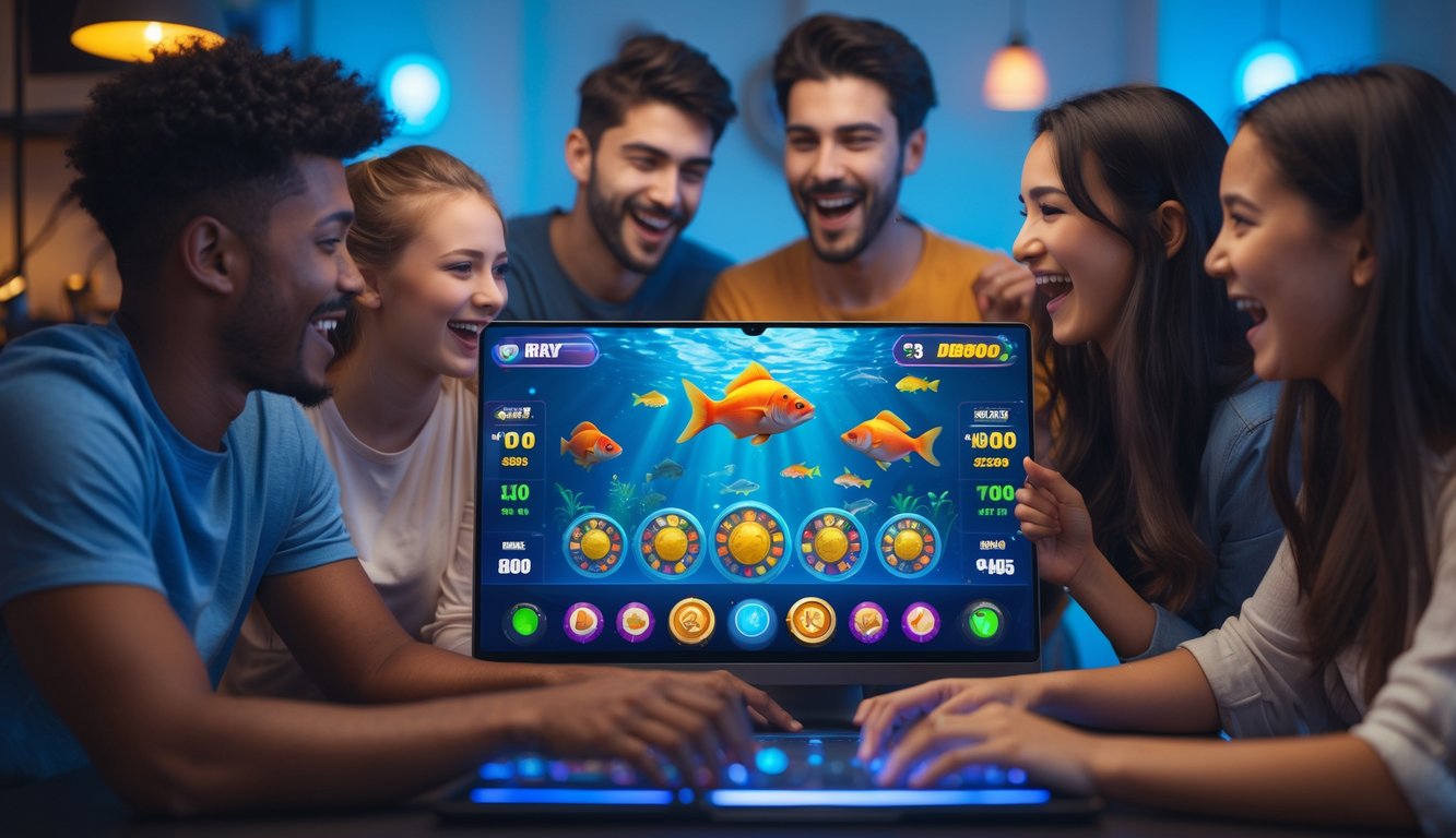 Beberapa orang muda berkumpul di sekitar komputer yang menampilkan permainan tembak ikan dengan grafis warna-warni di layar.