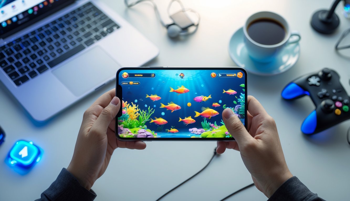 Seseorang memegang ponsel yang menampilkan permainan tembak ikan online dengan latar belakang meja kerja minimalis.
