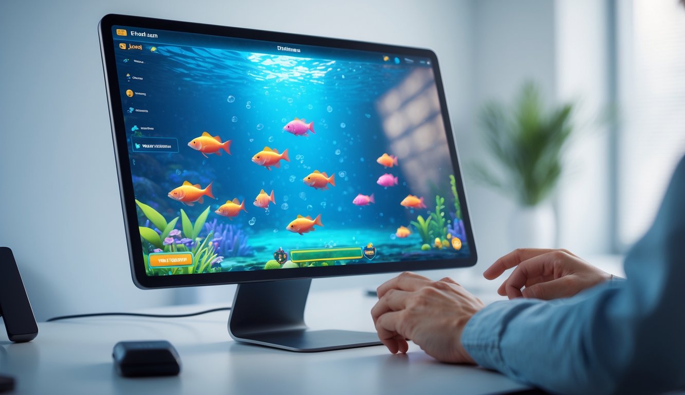 Seseorang bermain game tembak ikan online di layar perangkat dengan latar belakang ikan berwarna-warni di bawah laut.