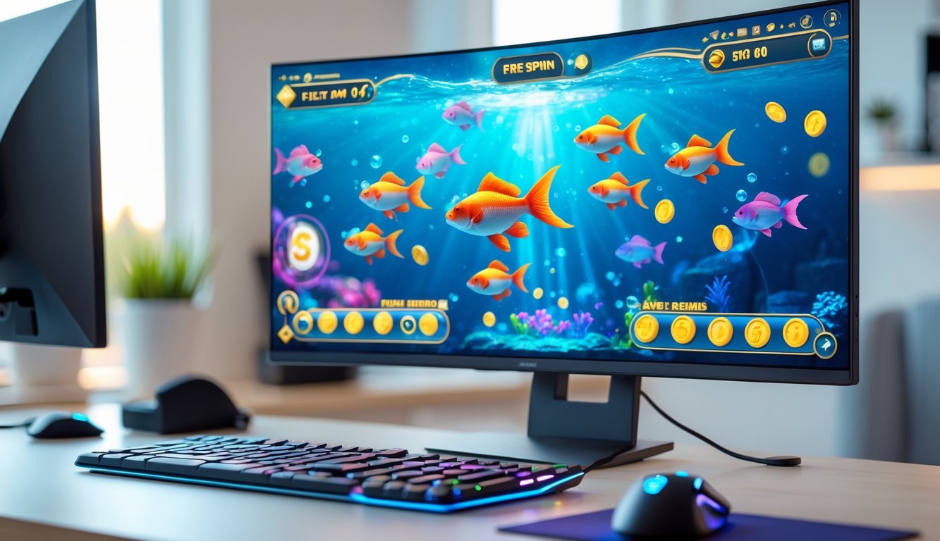 Sebuah meja komputer modern dengan layar menampilkan permainan ikan digital berwarna-warni dan perlengkapan gaming di sekitarnya.