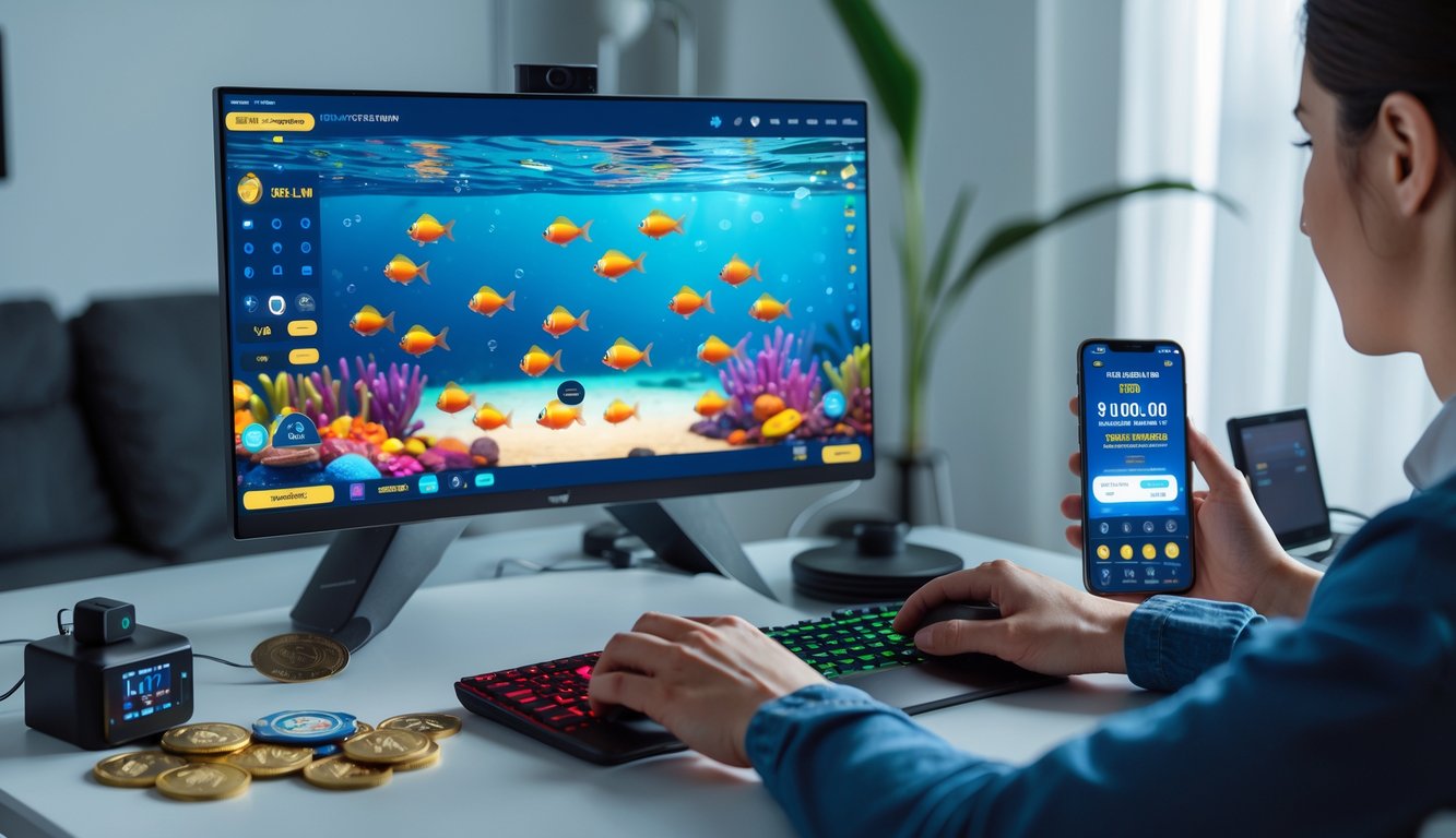 Seseorang bermain game tembak ikan online di komputer dengan layar menampilkan ikan berwarna-warni dan elemen permainan, di ruang kerja yang rapi dan terang.