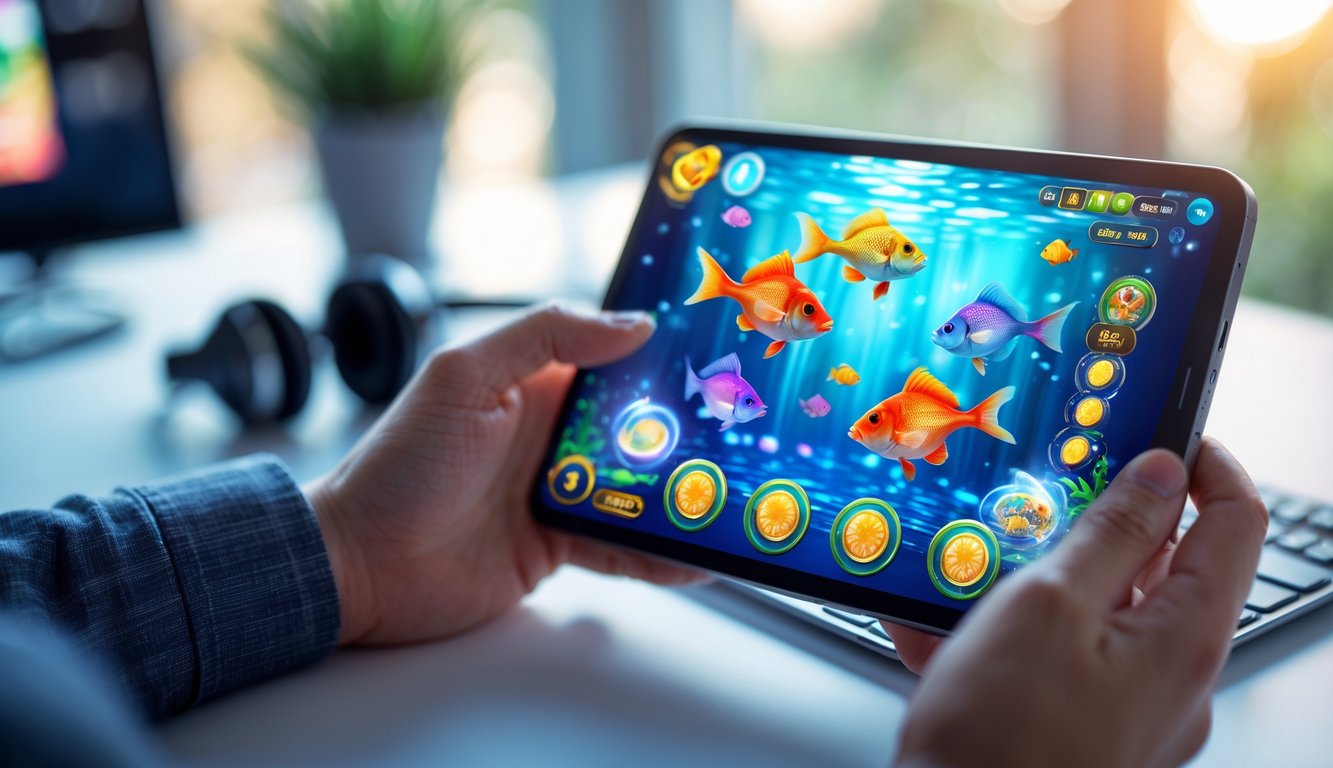 Seseorang memegang smartphone yang menampilkan permainan tembak ikan dengan animasi ikan berwarna-warni dan elemen permainan yang menarik.