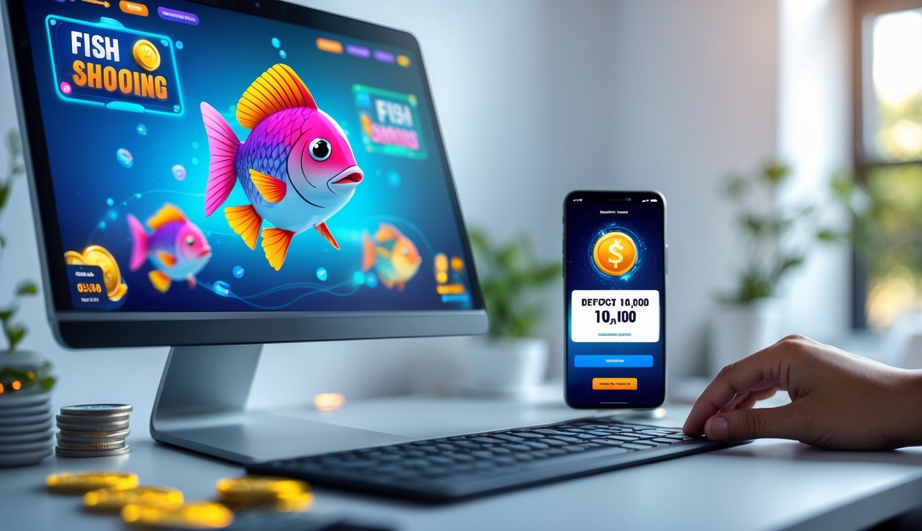 Seseorang menggunakan komputer dengan layar menampilkan permainan slot tembak ikan, di meja terdapat ponsel yang menunjukkan konfirmasi deposit 10 ribu rupiah.