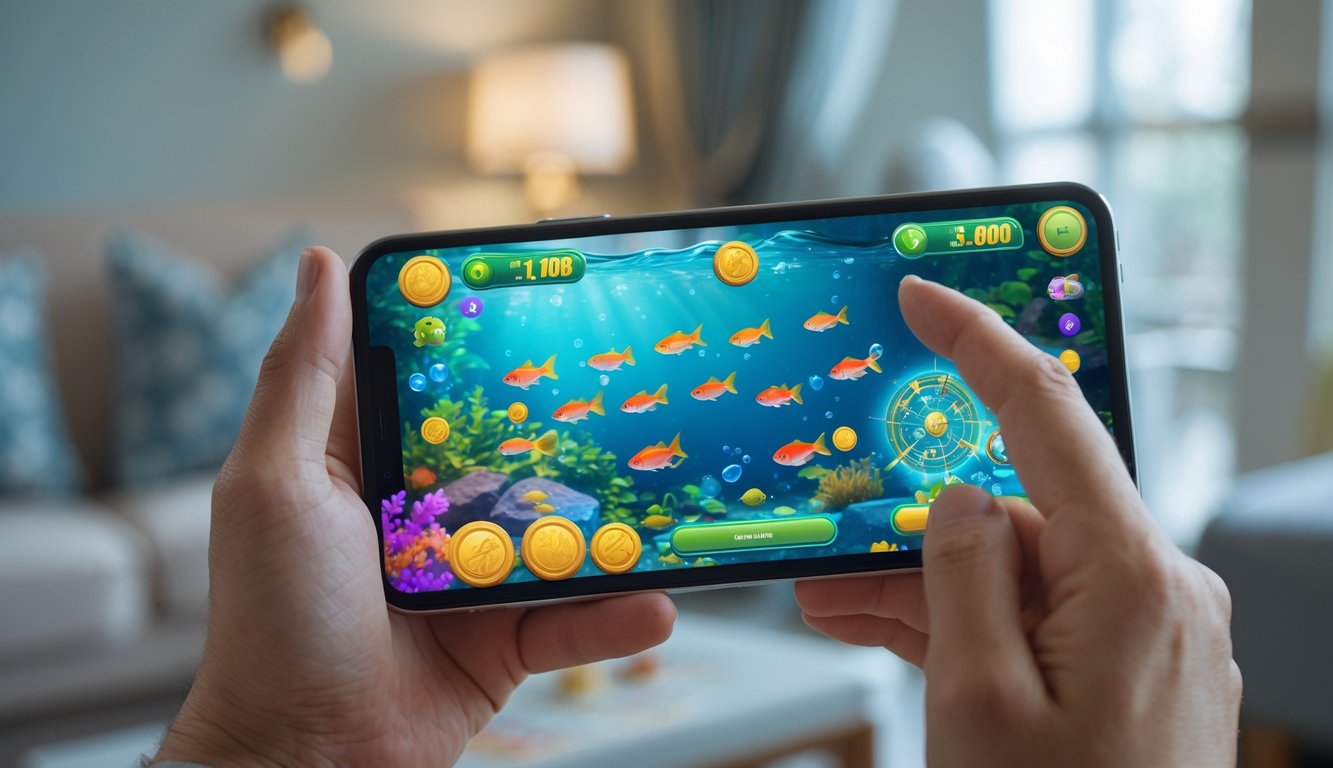 Tangan memegang smartphone yang menampilkan permainan tembak ikan dengan latar bawah laut berwarna-warni dan elemen permainan seperti ikan dan koin.