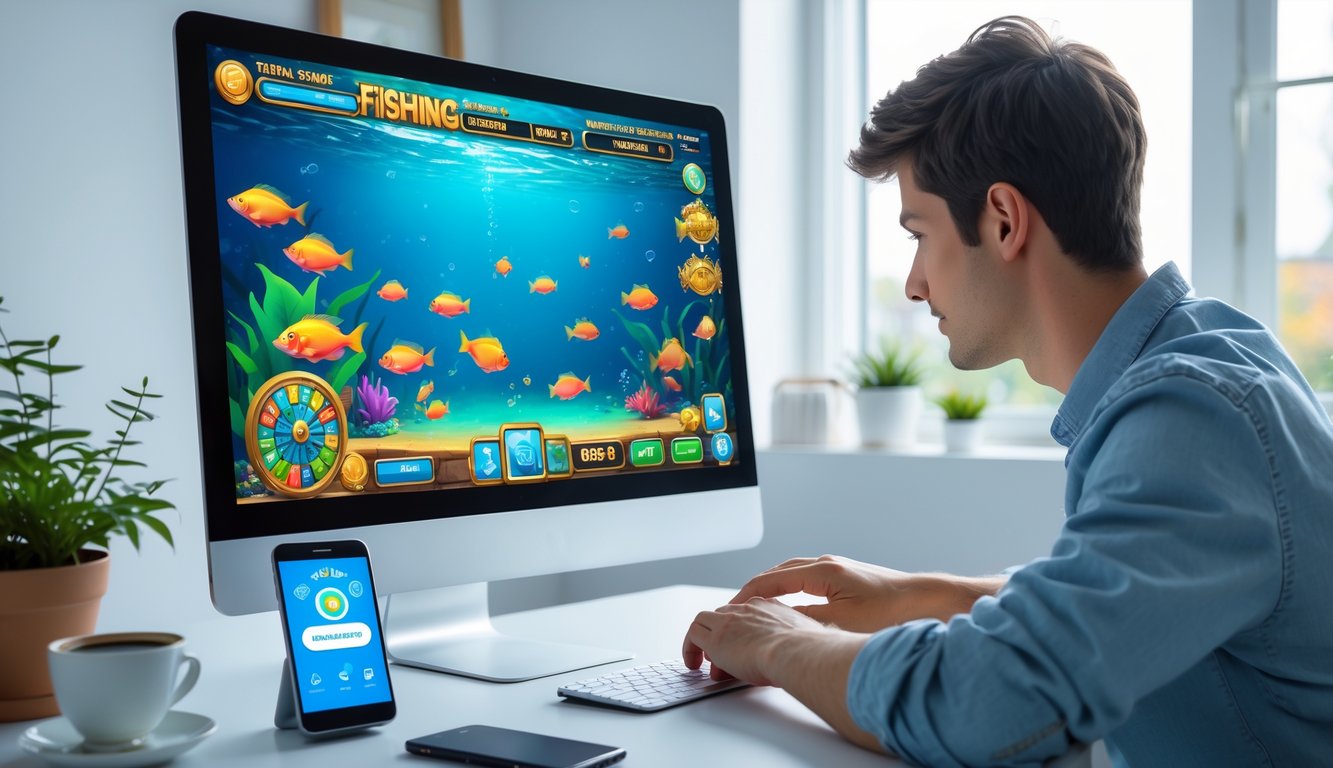 Seorang pria muda sedang bermain permainan tembak ikan online di komputer di ruang kerja rumah yang terang dengan dekorasi minimalis.