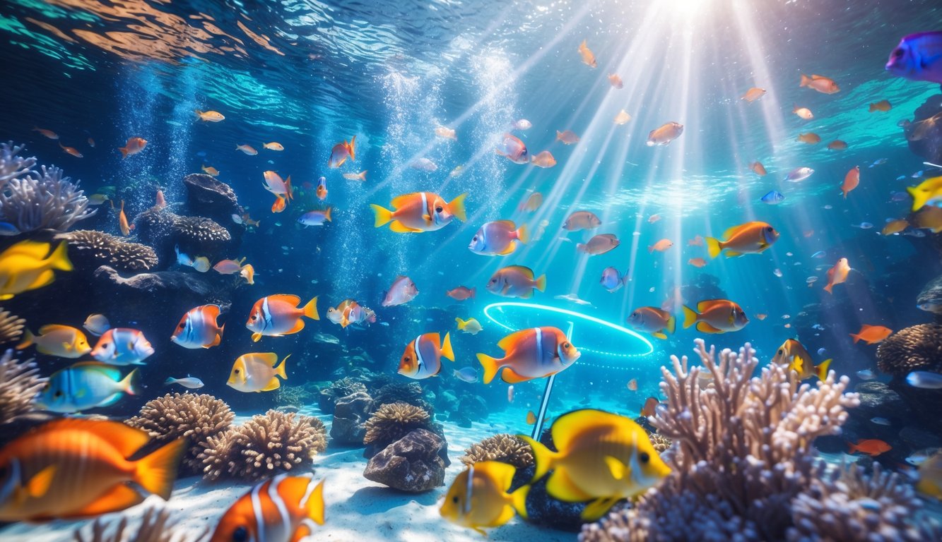 Pemandangan bawah laut dengan berbagai ikan tropis berwarna-warni berenang di sekitar terumbu karang dengan cahaya matahari yang menembus permukaan air.