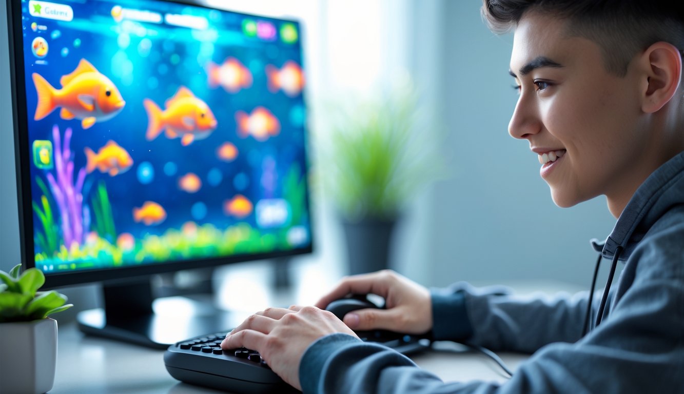 Seorang pemain muda sedang bermain game tembak ikan online dengan layar komputer yang menampilkan grafis bawah laut berwarna-warni.