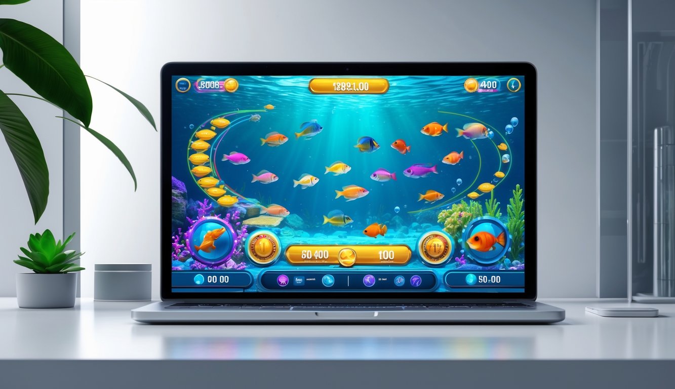 Layar perangkat digital menampilkan permainan tembak ikan dengan berbagai ikan tropis berwarna-warni di latar bawah laut.