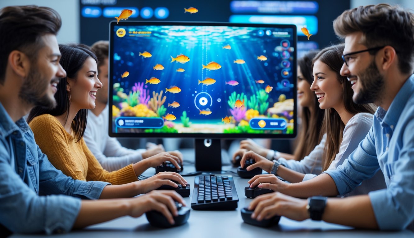 Beberapa orang muda sedang bermain game menembak ikan di komputer dengan latar belakang grafis ikan berwarna-warni di layar.