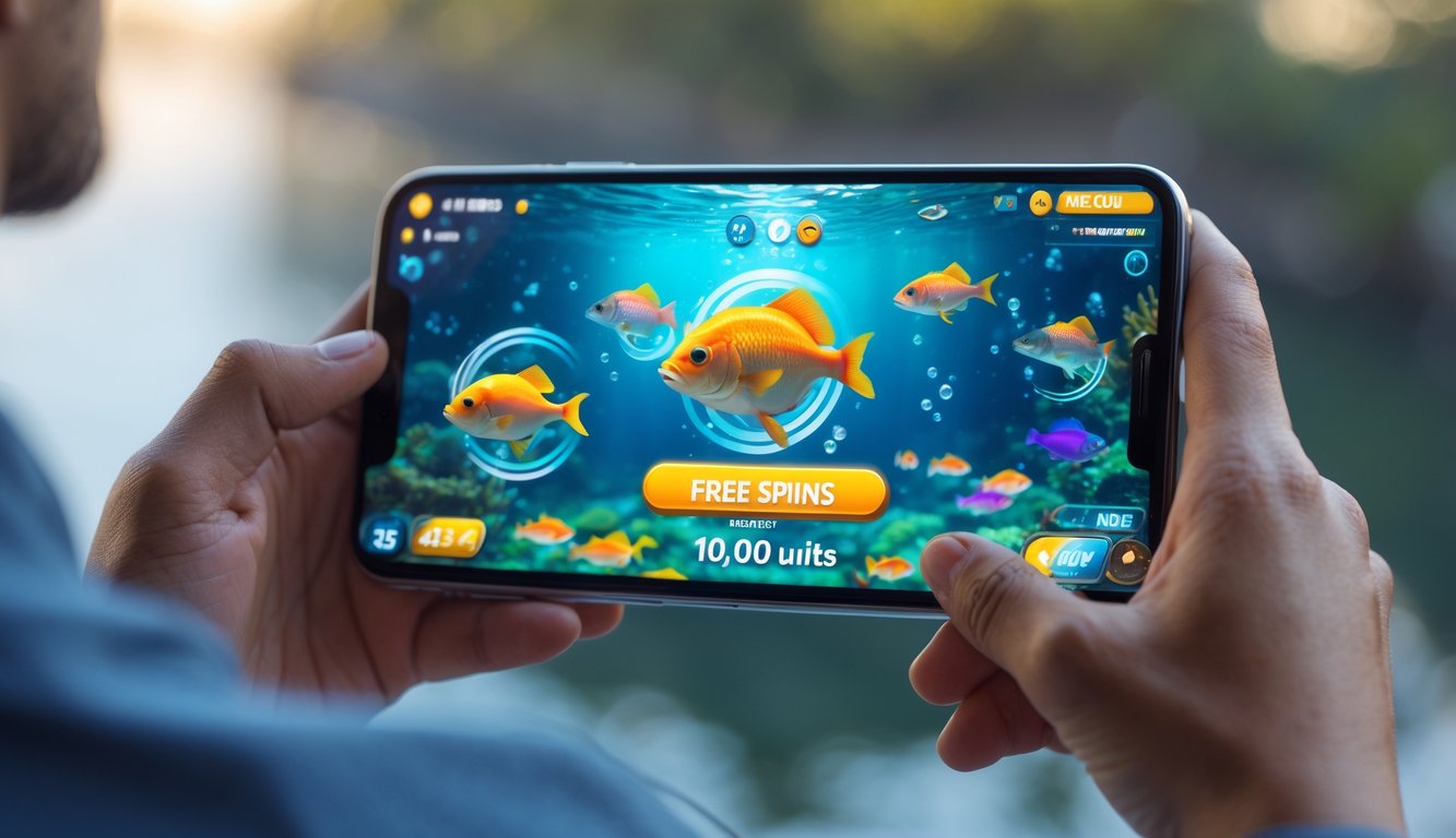Seseorang memegang ponsel yang menampilkan permainan tembak ikan dengan ikan berwarna-warni dan elemen animasi di layar.