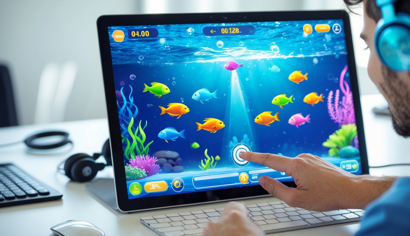 Seseorang sedang bermain permainan tembak ikan online di layar komputer dengan latar belakang meja kerja yang rapi.