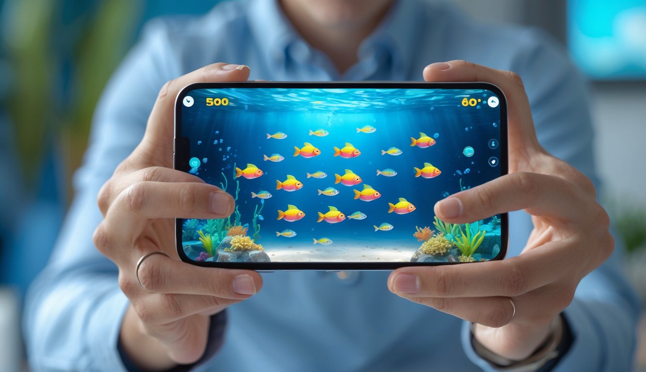 Seseorang memegang perangkat digital yang menampilkan permainan menembak ikan dengan ikan berwarna-warni di layar.