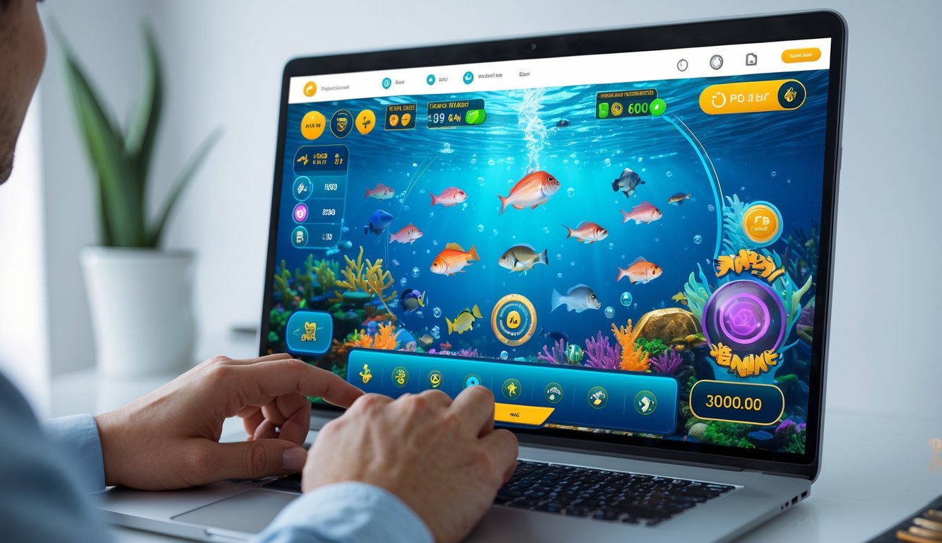 Seseorang sedang bermain game tembak ikan di komputer dengan layar menampilkan berbagai ikan dan elemen bonus dalam suasana bawah laut.