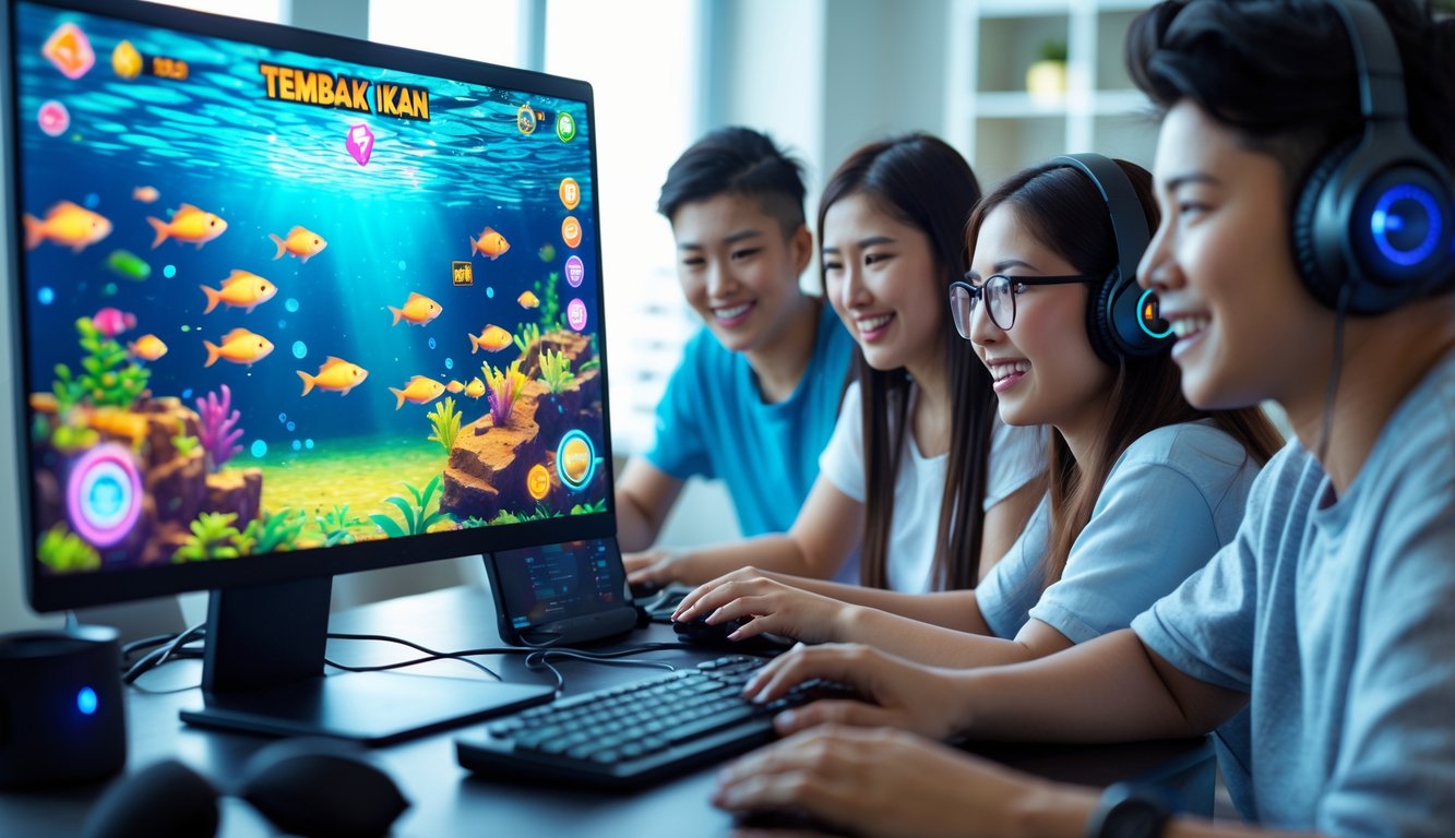Beberapa orang muda sedang bermain game tembak ikan di komputer di ruangan yang terang dan modern.