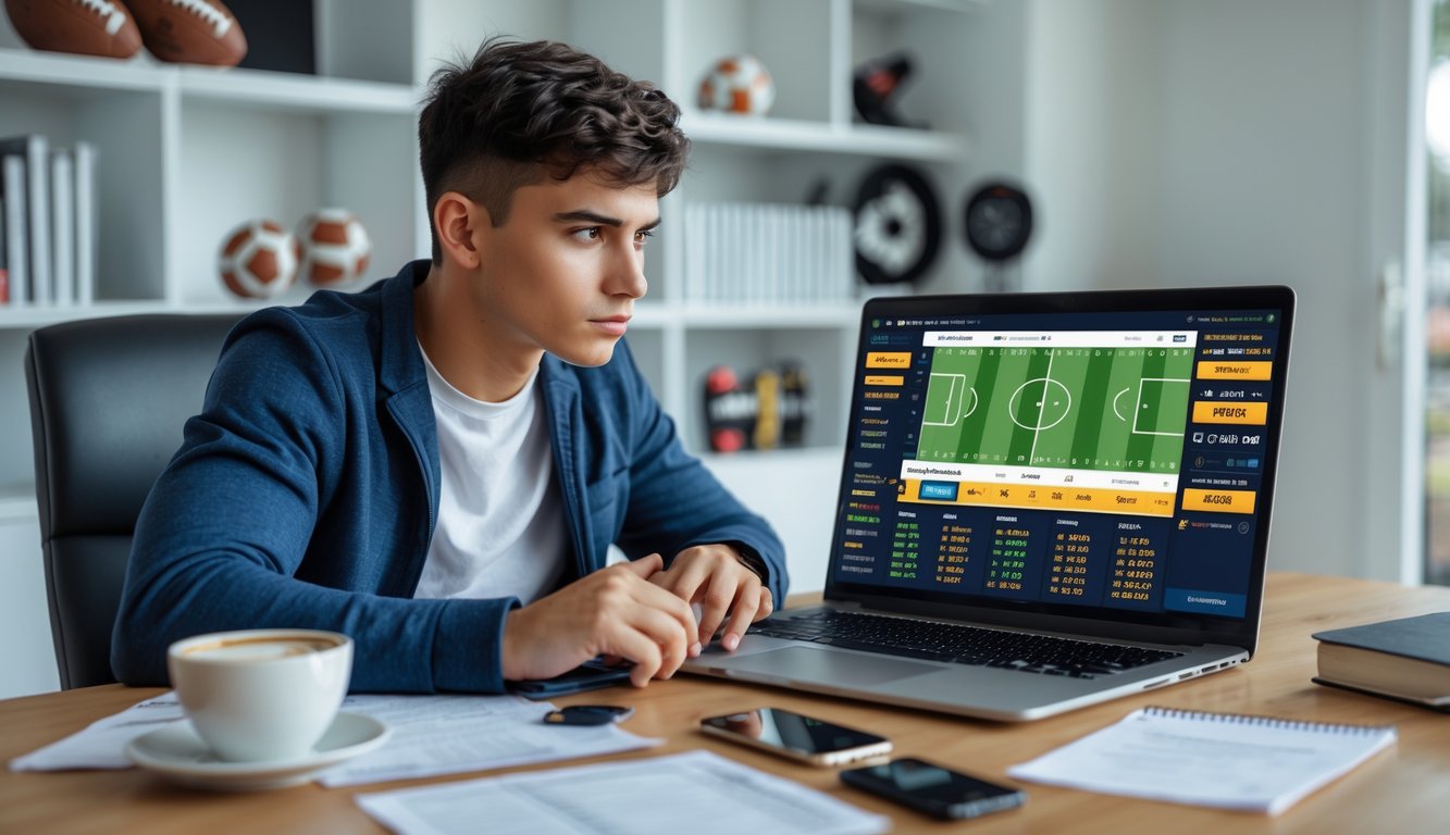 Seorang dewasa muda duduk di meja dengan laptop menampilkan pertandingan sepak bola dan statistik taruhan, dikelilingi oleh catatan dan ponsel, di ruang kerja rumah yang rapi.