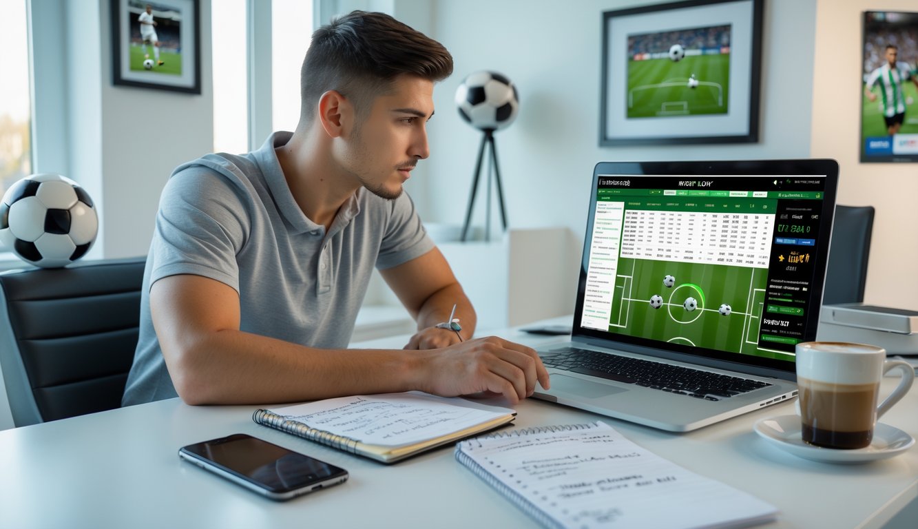 Seorang pria muda duduk di meja dengan laptop menampilkan pertandingan sepak bola dan statistik taruhan, dikelilingi catatan dan ponsel, menunjukkan suasana belajar taruhan bola online.